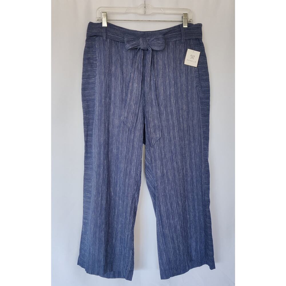 Rafaella Pinstriped Pull On Capri Pants Size‎ 16 W Linen Blend Navy Belted